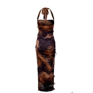Tie dye distressed halter mesh dress